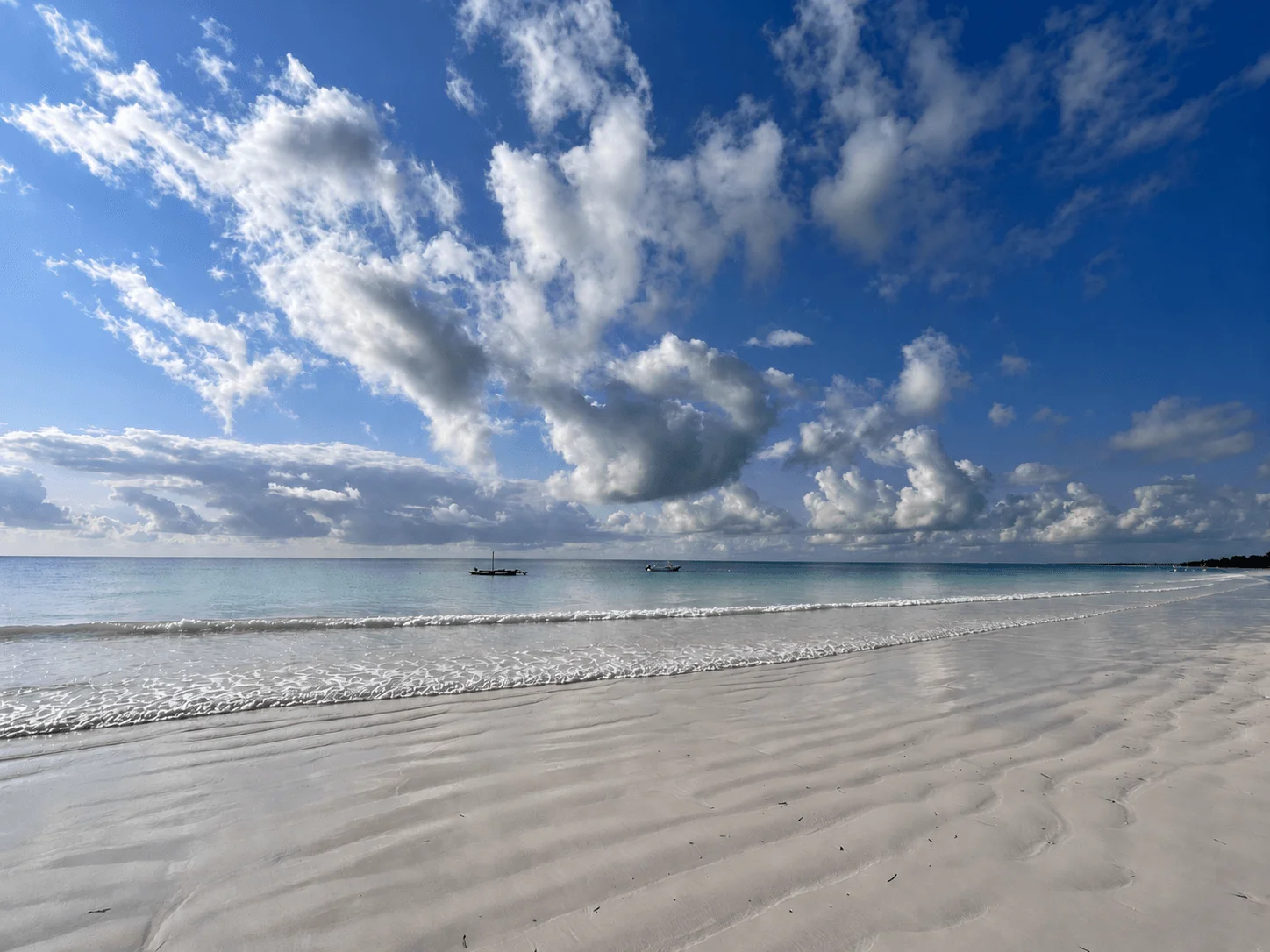 A bright, peaceful white-sand beach in Zanzibar with a level ocean horizon